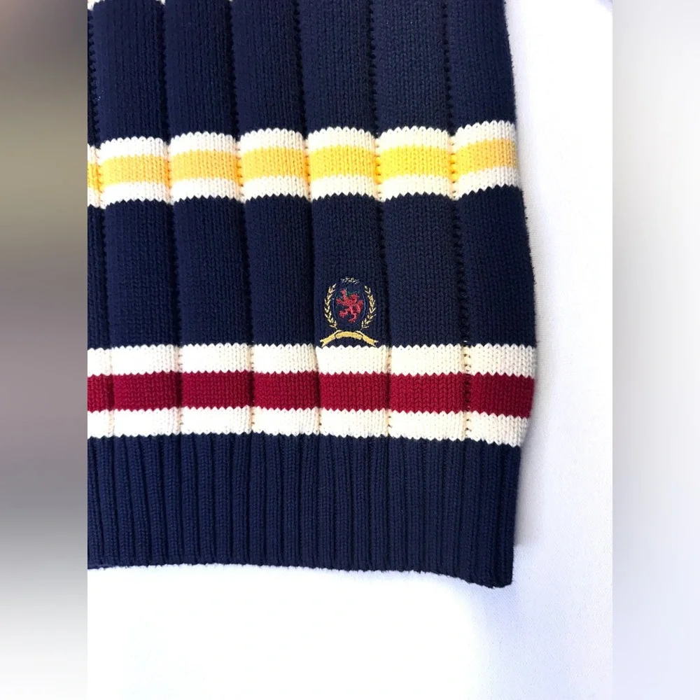 VTG Tommy Hilfiger Cable Knit navy Sweater mens sz Large 90s Y2K‎ striped rugby